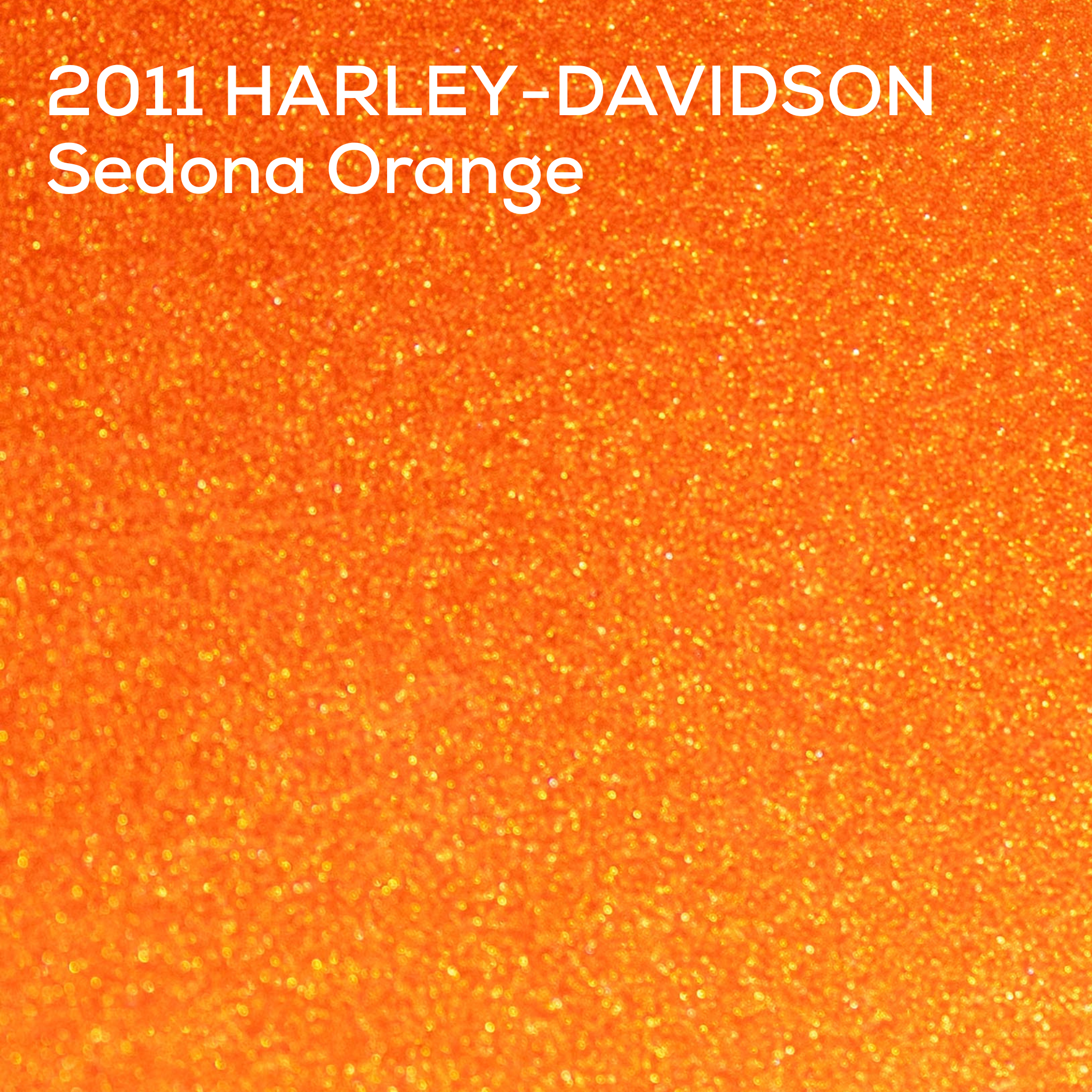 A close-up textured color swatch of metallic orange glitter with white text reading '2011 HARLEY-DAVIDSON Sedona Orange' in the upper left corner.