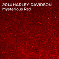 A close-up red glitter texture with white text reading '2014 HARLEY-DAVIDSON Mysterious Red' at the top.
