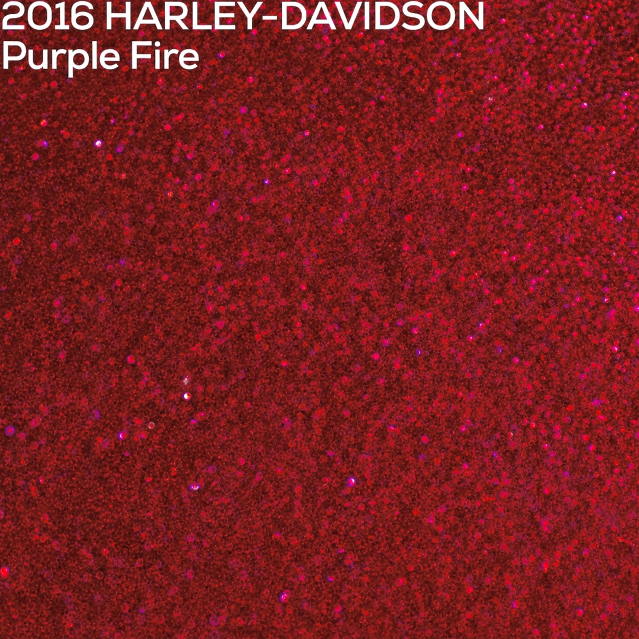 A close-up textured paint swatch of red glittery paint with small purple sparkles, labeled at the top left as '2016 HARLEY-DAVIDSON Purple Fire'.