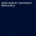 A dark blue color swatch with white text reading '2019 HARLEY-DAVIDSON Billiard Blue' in the upper left corner.