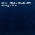 A dark blue textured color swatch with white text reading '2019 HARLEY-DAVIDSON Midnight Blue' in the upper left corner.