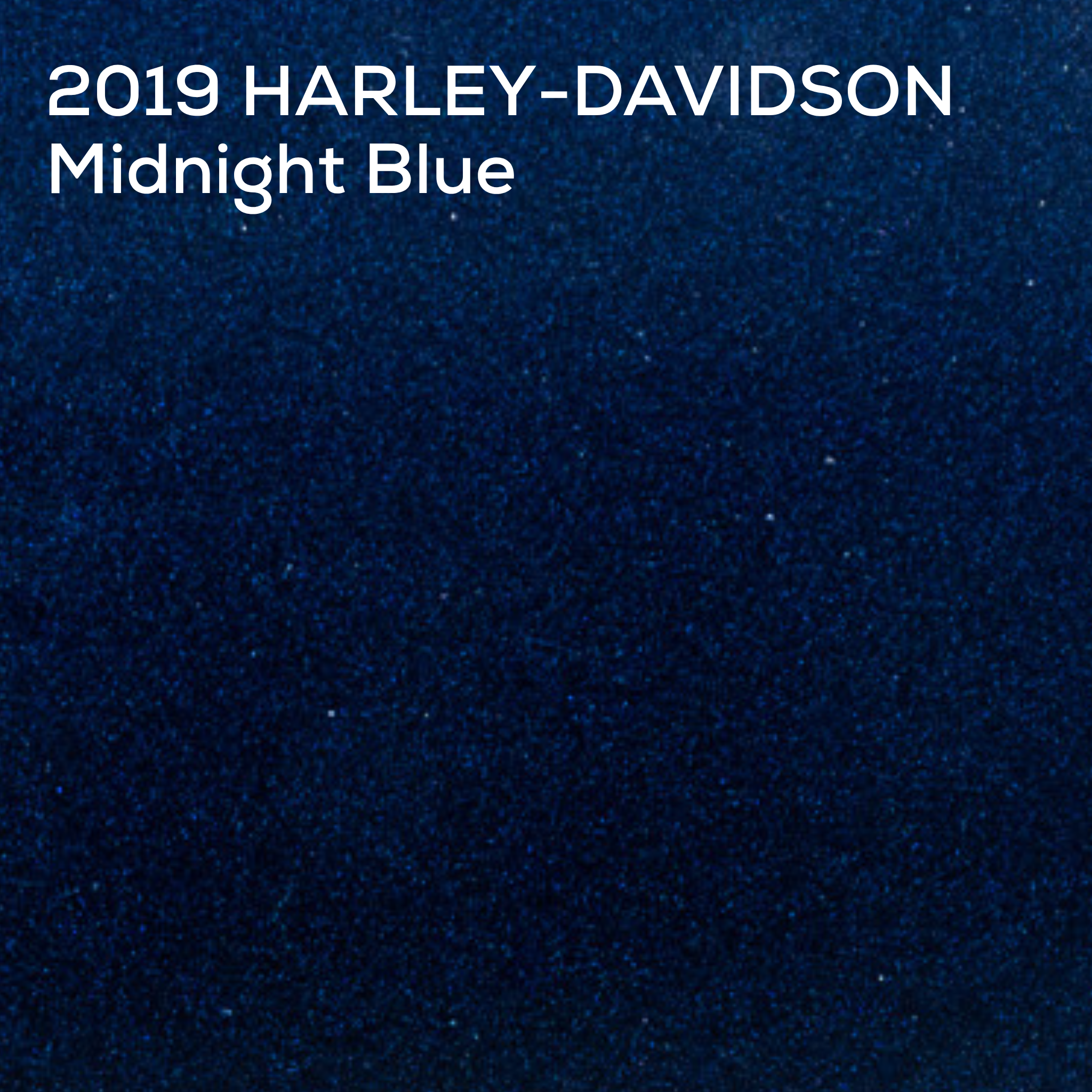 A dark blue textured color swatch with white text reading '2019 HARLEY-DAVIDSON Midnight Blue' in the upper left corner.