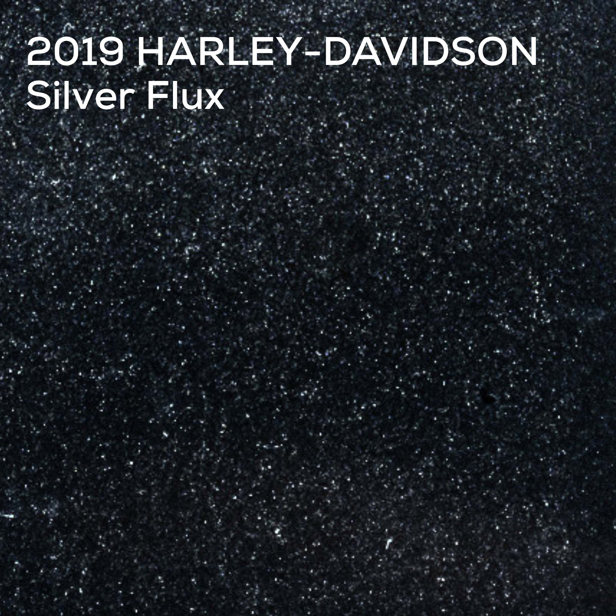 A dark textured color swatch labeled '2019 HARLEY-DAVIDSON Silver Flux' in white text at the top, showing a very dark charcoal/black metallic speckled finish.