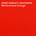 A solid deep orange color swatch with white text in the upper left reading '2020 HARLEY-DAVIDSON Performance Orange'.