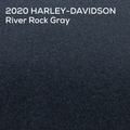 A dark gray textured fabric or carpet swatch with white text in the upper left reading '2020 HARLEY-DAVIDSON River Rock Gray'.