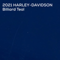 A dark teal color paint swatch with white text reading '2021 HARLEY-DAVIDSON Billiard Teal' in the upper left corner.