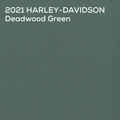 A solid dark green color swatch with white text reading '2021 HARLEY-DAVIDSON Deadwood Green' in the upper left corner.