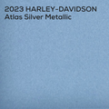 A textured light silver square with black text at the top reading '2023 HARLEY-DAVIDSON Atlas Silver Metallic'.