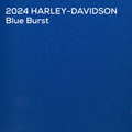 A metallic blue textured paint color swatch with white text in the top-left corner reading '2024 HARLEY-DAVIDSON Blue Burst'.