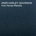 A dark metallic blue-gray textured color swatch with white text in the top-left corner reading '2025 HARLEY-DAVIDSON Iron Horse Metallic'.